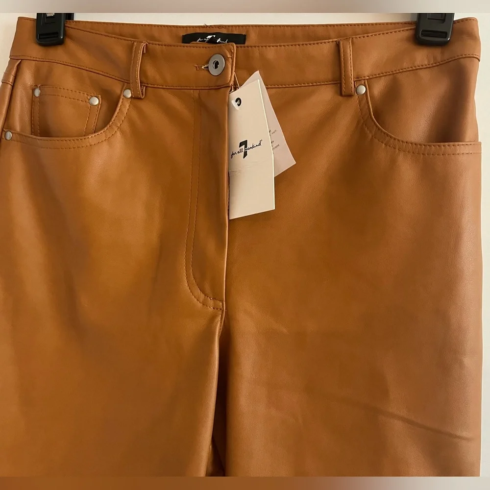 7 For All Mankind Faux Leather Straight Leg High Waist Pant - Size M color Camel - Picture 3 of 14